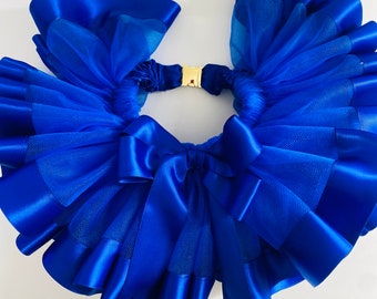 May include: A royal blue tulle tutu with a large satin bow in the center. The tutu has multiple layers of tulle and is trimmed with satin ribbon.