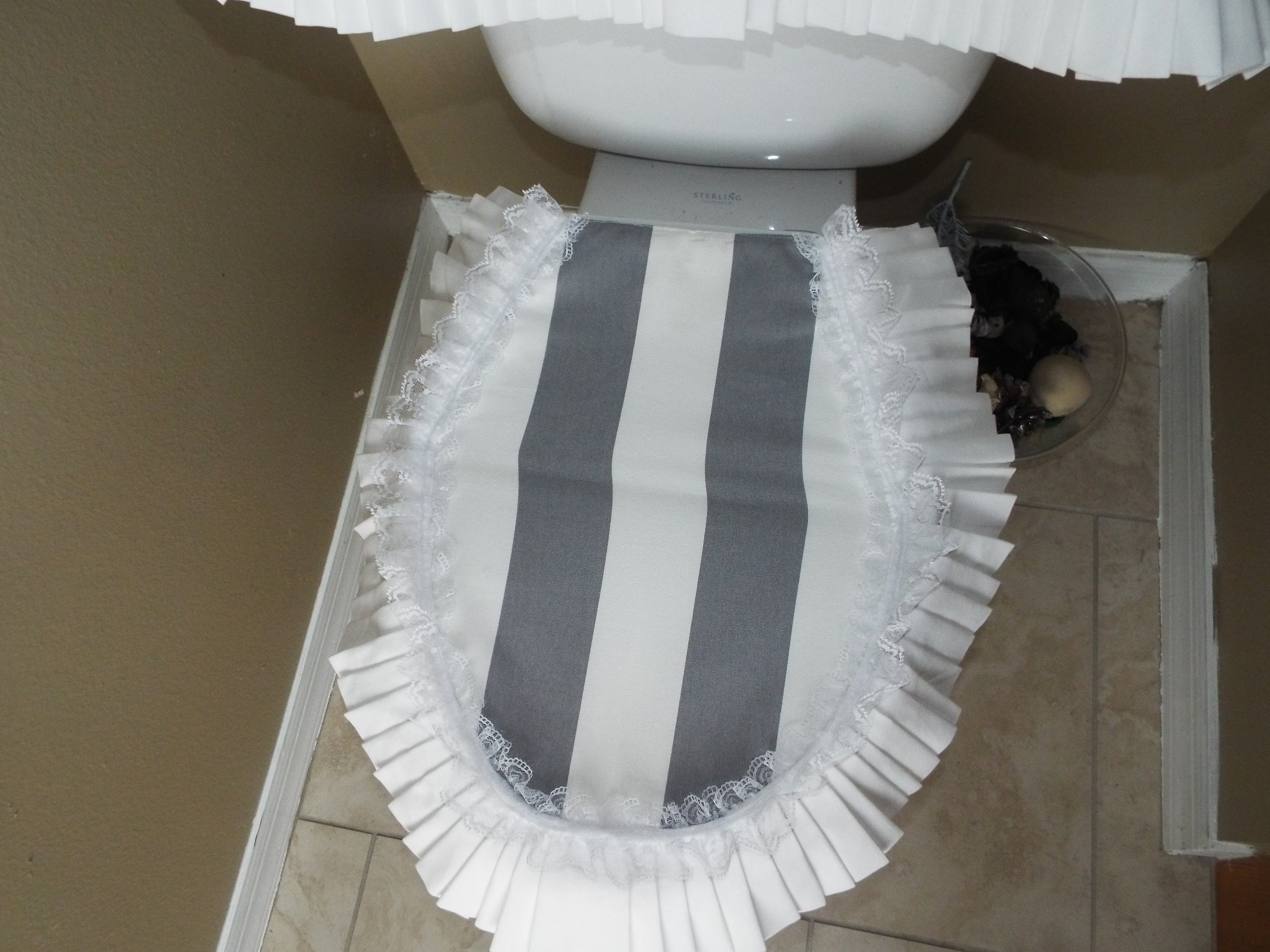 Toilet Cover White Grey Striped Ruffles Lace Bathroom Etsy