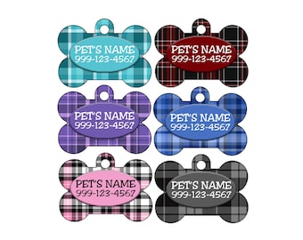 Cute Plaid Custom Pet Id Dog Tag Personalized w/ Your Pet's Name & Number