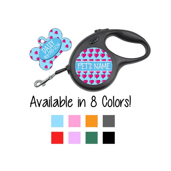 Cute Hearts Custom Pet Id Dog Tags and Retractable Dog Leashes Personalized for Your Pet