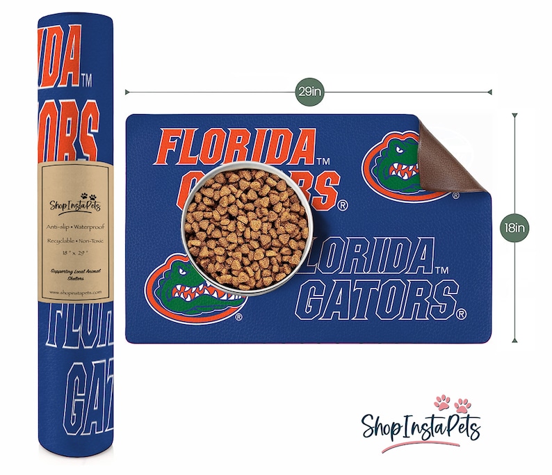 May include: A blue and orange pet feeding mat with the text "FLORIDA GATORS" and an alligator graphic. The mat is 29 inches wide and 18 inches long.
