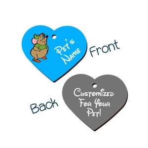 May include: A blue heart-shaped pet tag with a cartoon mouse wearing a green hat and the text "Pet's Name". The back of the tag is gray and has the text "Customized For Your Pet!"