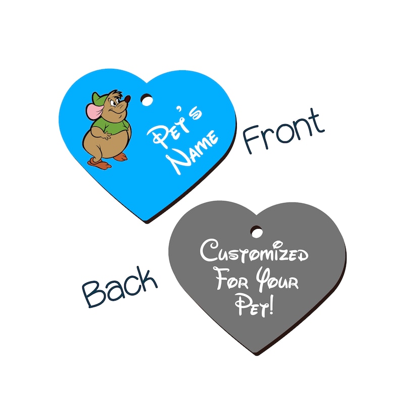 May include: A blue heart-shaped pet tag with a cartoon mouse wearing a green hat and the text "Pet's Name". The back of the tag is gray and has the text "Customized For Your Pet!"