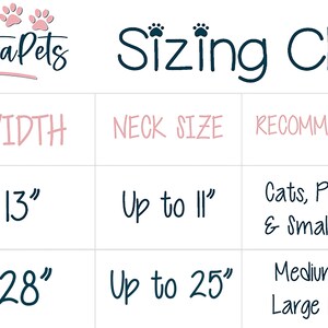 May include: A sizing chart for pet bandanas with the brand name ShopInstaPets. The chart shows the bandana size, width, neck size, and recommended pet size. The small bandana is 13 inches wide and fits necks up to 11 inches. The large bandana is 28 inches wide and fits necks up to 25 inches.