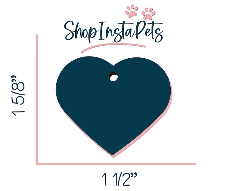 May include: A dark blue heart-shaped tag with a hole for a ring or string. The tag is 1 1/2 inches wide and 1 5/8 inches tall. Shop Insta Pets is written in pink script above the tag.