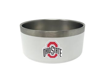 May include: White stainless steel bowl with a silver rim and a red and black Ohio State logo.