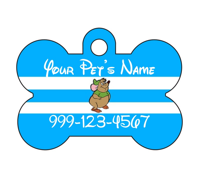 May include: Blue and white striped bone-shaped dog tag with a cartoon mouse wearing a green shirt. The tag says "Your Pet's Name" and "999-123-4567".