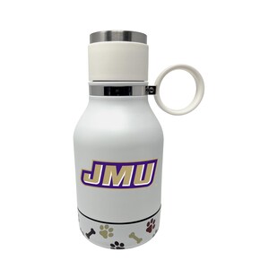 Op de afbeelding: Witte waterfles van roestvrij staal met een JMU-logo en een ontwerp met potafdrukken. De fles heeft een wit deksel met een zilveren ring en een witte draaggreep.