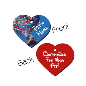 May include: A blue heart-shaped pet tag with a house and balloons from the movie Up. The back of the tag is red and says "Customized for your pet!"