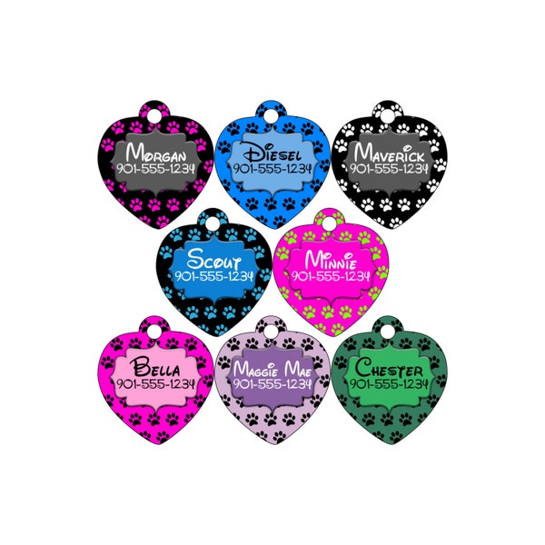 Disney Themed Dog Tag Cat Tag Pet Id Tag, Paw Prints Personalized w/ Your Pet's Name and Number