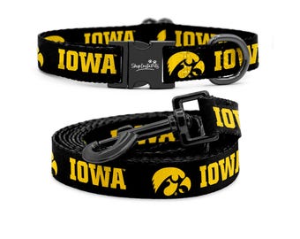 May include: Black and gold dog collar and leash set with the University of Iowa logo and the words "IOWA" repeated on the collar and leash.