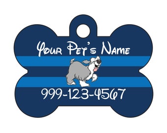 May include: Blue and white bone-shaped dog tag with a cartoon dog wearing sunglasses and the text "Your Pet's Name" and "999-123-4567".