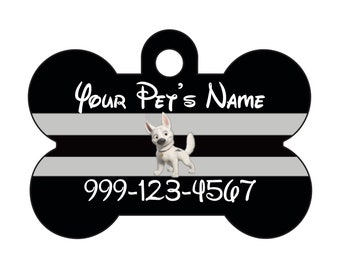 May include: Black and white bone-shaped dog tag with a white dog cartoon, the text "Your Pet's Name" and the phone number 999-123-4567.