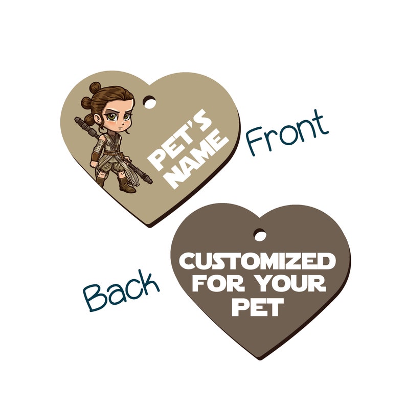 May include: A brown heart-shaped pet tag with a cartoon image of Rey from Star Wars on the front. The back of the tag says "CUSTOMIZED FOR YOUR PET".