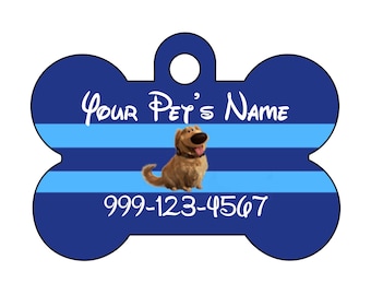 May include: Blue and light blue striped bone-shaped dog tag with a cartoon dog image and the text "Your Pet's Name" and a phone number "999-123-4567".