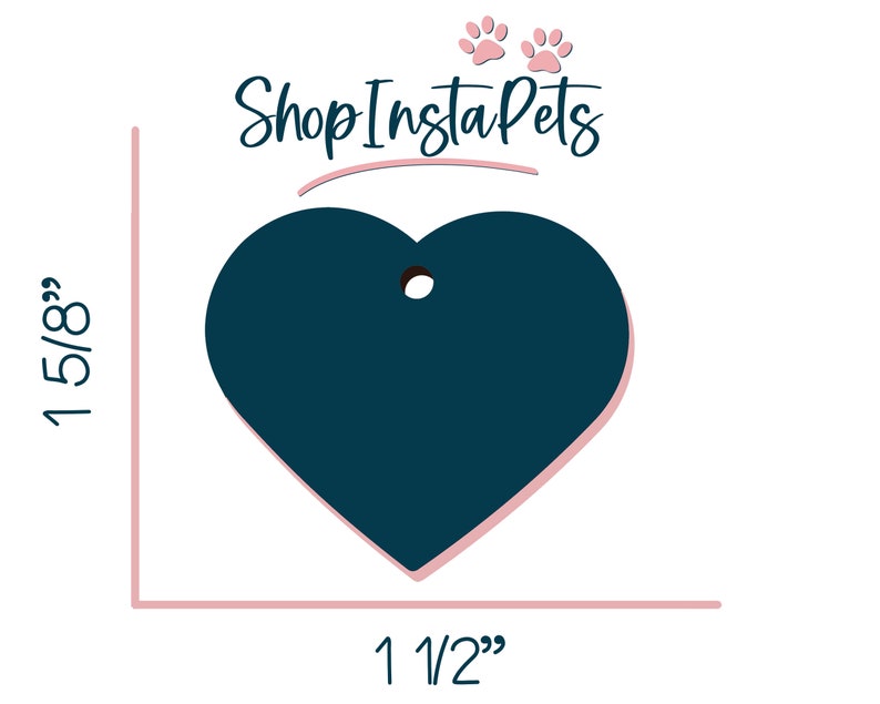 May include: A dark blue heart-shaped tag with a hole for a ring or string. The tag measures 1 1/2 inches wide and 1 5/8 inches tall. Shop Insta Pets is written in pink script above the tag.