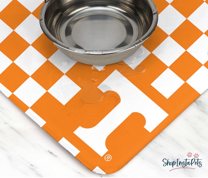 May include: Orange and white checkered pet food mat with a stainless steel bowl on top. The mat has a registered trademark symbol in the lower right corner.