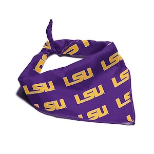 May include: Purple bandana with a repeated pattern of the gold LSU logo.