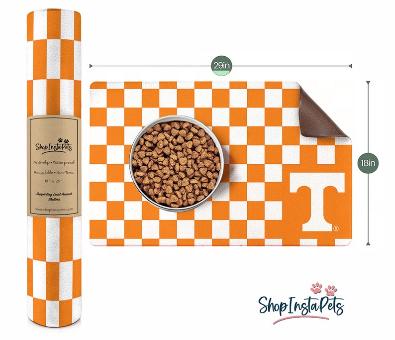 May include: Orange and white checkered pet feeding mat with a large white "T" in the lower right corner. The mat is 18 inches by 29 inches and has a non-slip, waterproof backing.