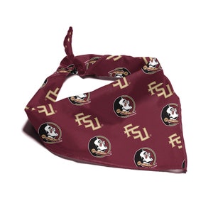 May include: Maroon bandana with a repeating pattern of the Florida State Seminoles logo and the letters "FSU" in gold. The bandana is knotted at the top and is made of a soft, silky material.