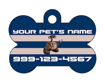 May include: Blue and white striped bone-shaped dog tag with a picture of a robot from the movie Wall-E. The tag says "YOUR PET'S NAME" and "999-123-4567".
