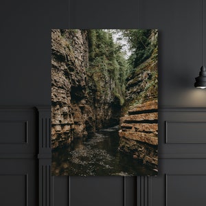 May include: A photograph of a narrow canyon with a stream running through it. The canyon walls are made of layered rock, and the stream is surrounded by lush green foliage.