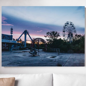 SALE** Sunrise in the Theme Park on 20x30 Vivid Metal, Urban Exploration Abandoned Urbex Dystopia Photography, Urban Decay Fine Art Print