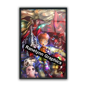 May include: Framed artwork featuring a vibrant digital illustration of anime characters. The artwork showcases a young boy with spiky orange hair, surrounded by various colorful creatures and monsters. The text "Ranelynn Graphics" is across the image.