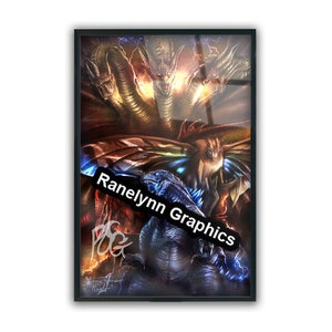 May include: A digital illustration of Godzilla, King Ghidorah, and Mothra battling in a fiery sky. The image is framed in black and features the signature "Ranelynn Graphics" in the bottom right corner.