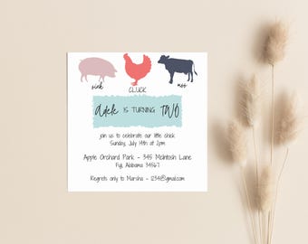 Farm Animals 2nd Birthday Invitation, Oink Cluck Moo Theme (Digital Download)