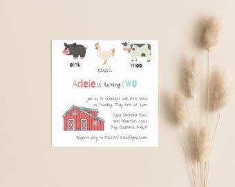 Farm Animals 2nd Birthday Invitation, Oink Cluck Moo Theme (Digital Download)