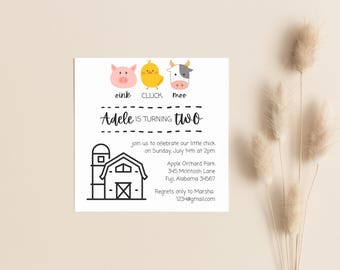 Farm Animals 2nd Birthday Invitation, Customizable Party (Digital Download)