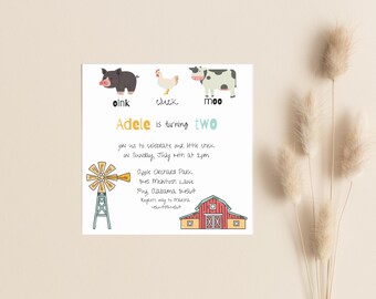 Farm Animals 2nd Birthday Invitation, Customizable (Digital Download)