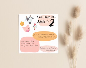 Oink Cluck Moo 2nd Birthday Invitation, Farm Animals (Digital Download)
