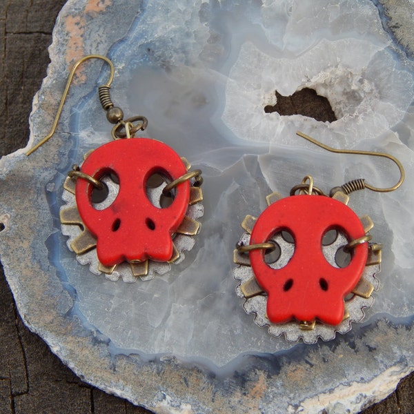 Steampunk Red Magnetite Skull Earrings With Gears