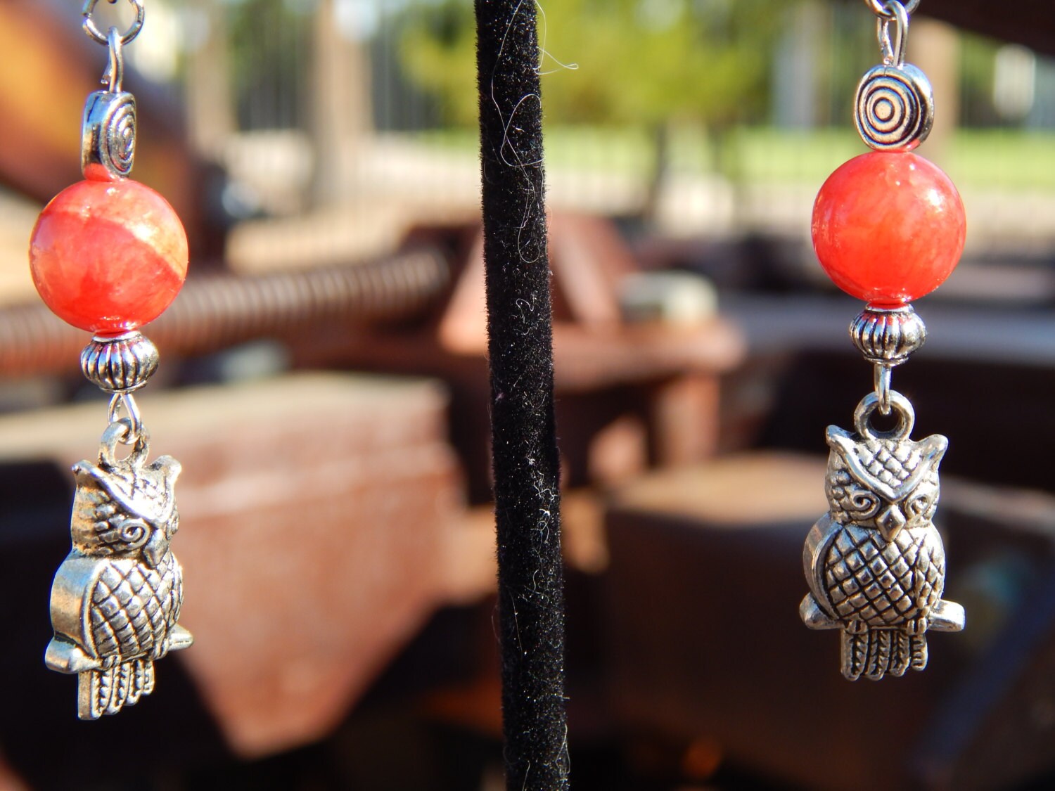 Red Agate Earrings with Owls