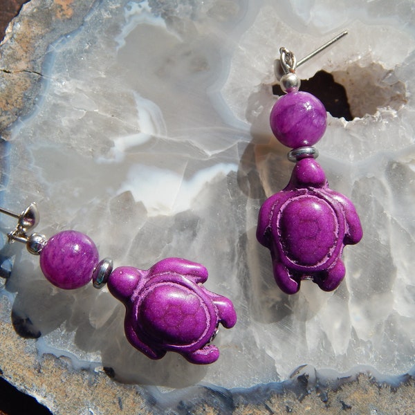 Purple Magnetite and Fire Agate Turtle Earrings