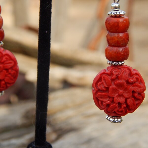 Cinnabar and Sponge Coral Earrings