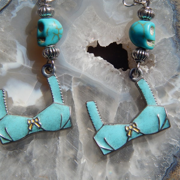 Blue Enamel Brassiere Earrings with Blue Magnetite Skulls