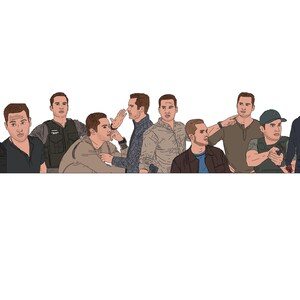 May include: A group of nine men in various poses and clothing. Some are wearing casual shirts, while others are wearing jackets or vests. One man is wearing a baseball cap.