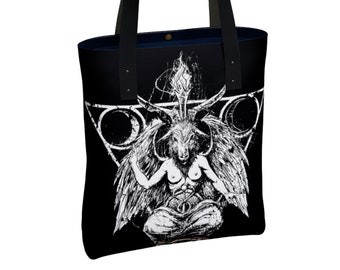 baphomet bag, baphomet, baphomet tote, occult bag, occult purse, satanic, santanic temple, tote bag, baphomet shoulder bag, black bag, tote