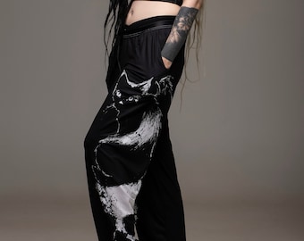 Mina Dark Thoughts, comfy pants, cat, black cat, cats, bat cat, vampire cat, cat pants, pjs, goth, nugoth, occult, witchy, cat pyjamas,