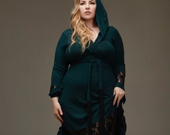 pagan wear, green loose dress, wiccan robe, pagan dress, festival clothing, green festival dress, gothic dress, , lace, elven dress