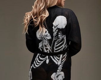 black kimono, skeleton lovers kimono, eternal embrace, skeleton robe, skeleton lovers, goth, occult clothing, sheer, kimono, gothic kimono