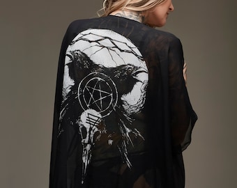 birds kimono, raven kimono, crow, raven, goth, occult clothing, sheer, kimono, gothic kimono, beach cover, witch, witchcraft, Nat Jones