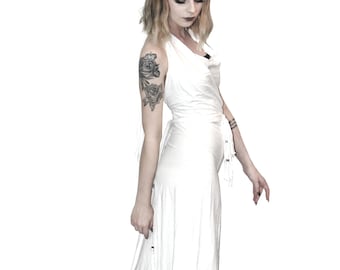 Pagan wedding dress, maxi dress, white dress, white maxi dress, fringe dress, multi wear dress, maxi, open back dress, festival, backless
