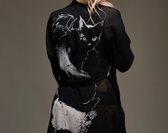 bat cat Kimono, Cat robe, cat, black cat, cats, cat clothes, sheer robe, Nat Jones, Mina, winged cat, black kimono, occult, witchcraft