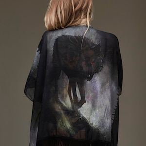 Wolf Kimono, wolf, wolves, Nat Jones, festival wear, burning man, spirit animal, beach cover, sheer, sheer robe, black wolf, draped, summer