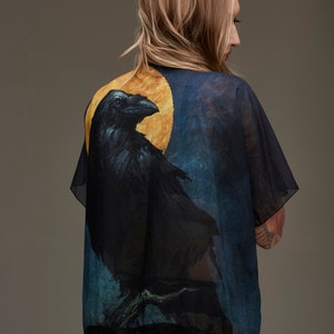 raven kimono, golden moon, raven, peignoir, see through, sexy robe, raven robe, witchcraft, pagan, occult, crow, Wiccan, Wiccan clothes