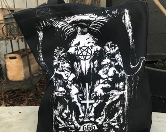 666 basic tote, 666 bag, 666 tote, satanic, satan, gothic bag, gothic tote, gothic purse, witchcraft, witch, goth, gothic, occult, ram skull